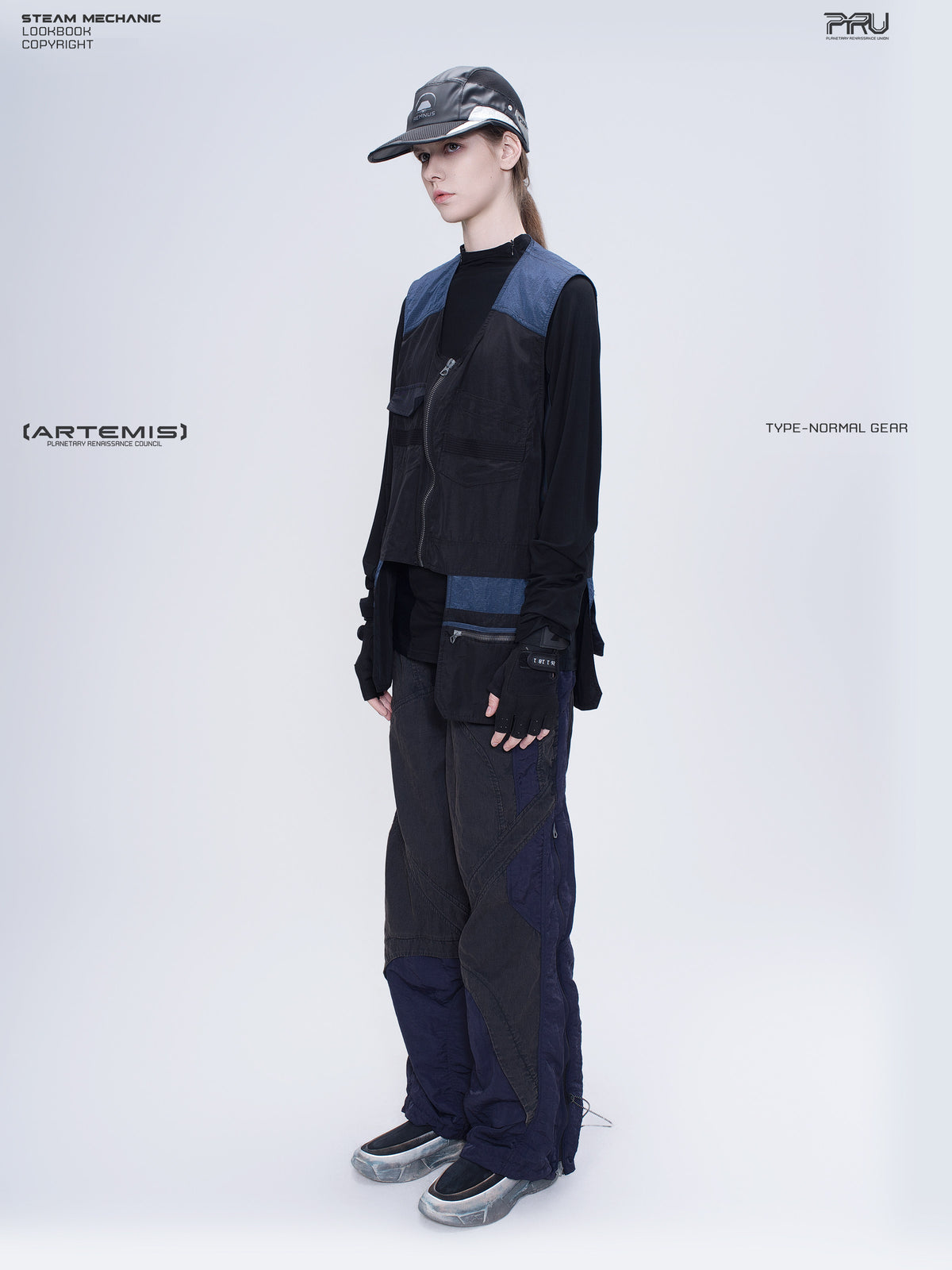 SUPERNOVA zima blue metallic nylon technical pants — full-length modeled side view showing curved leg panels