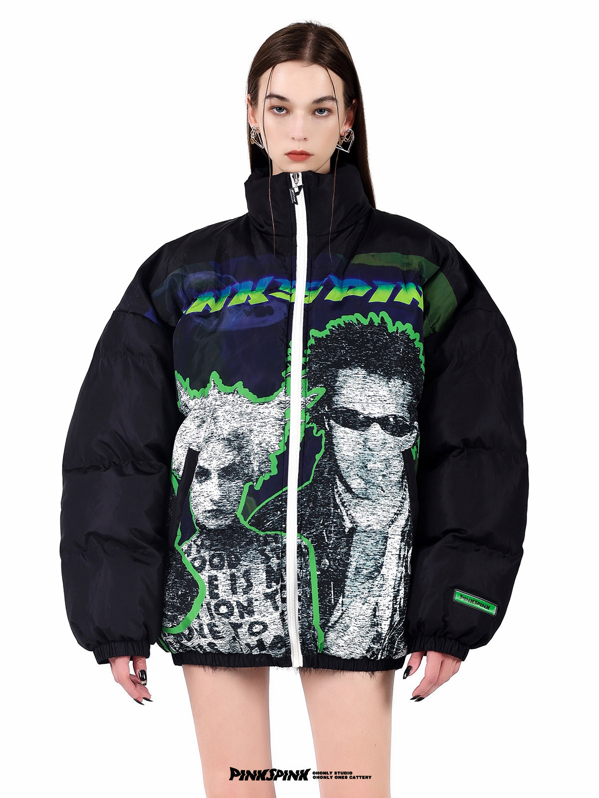 Straight front close-up of PINKSPINK SPHYNX PUNK puffer showing white zip and elasticated hem