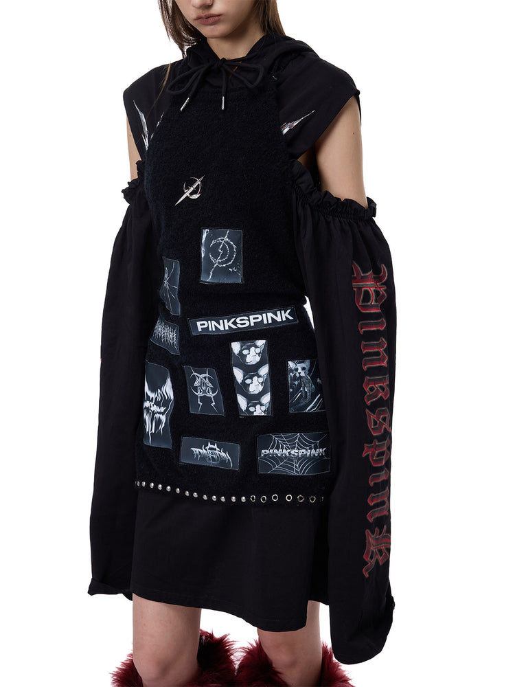 PINKSPINK ELECTRIC MOON patchwork knit layering apron — black front patchwork and studded hem detail