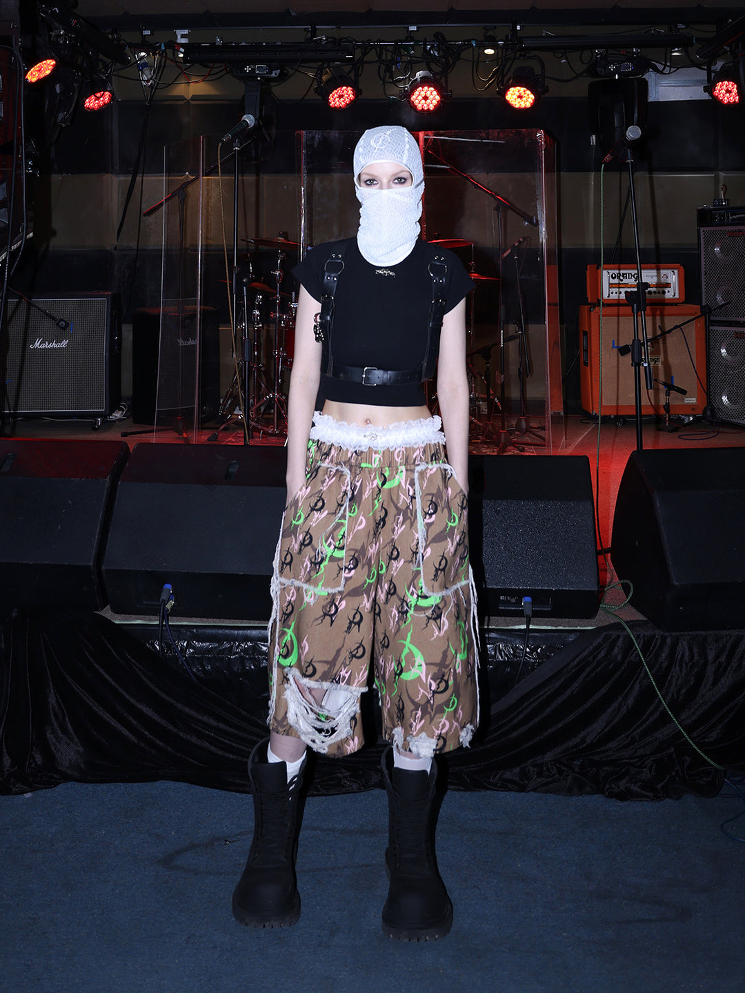 PINKSPINK ELECTRIC MOON mesh balaclava — modeled detail view of the garment construction
