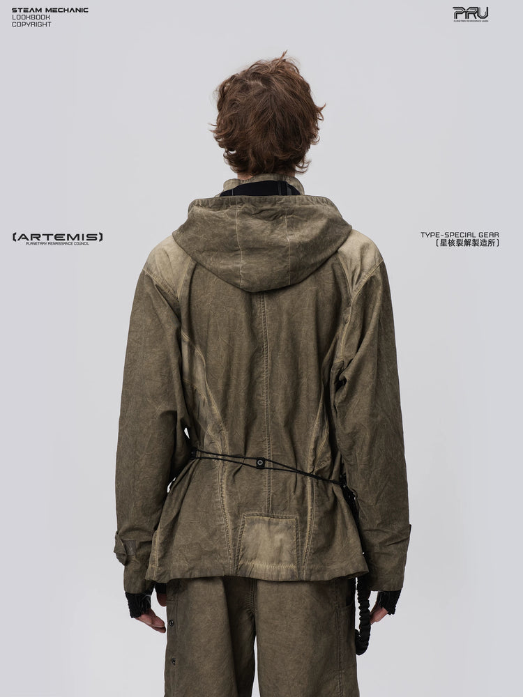 STARCORE lunar soil green distressed work jacket — construction detail