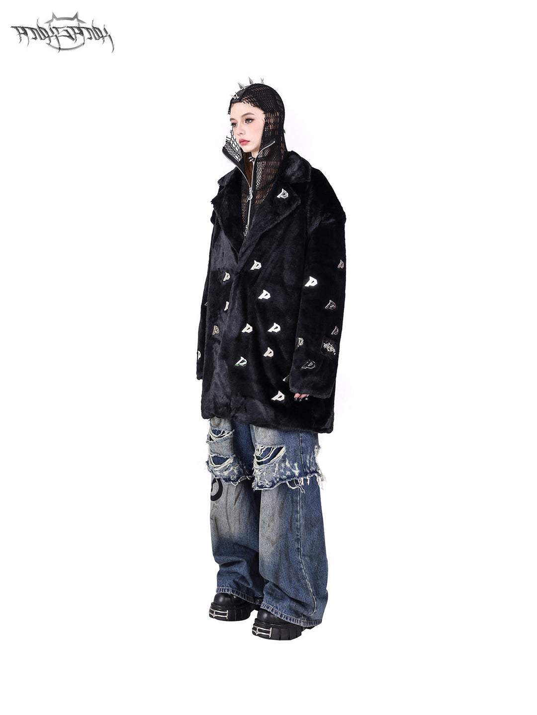 PINKSPINK ELECTRIC MOON spiked open-mesh zip hoodie in black — side styling view under a separate faux-fur jacket