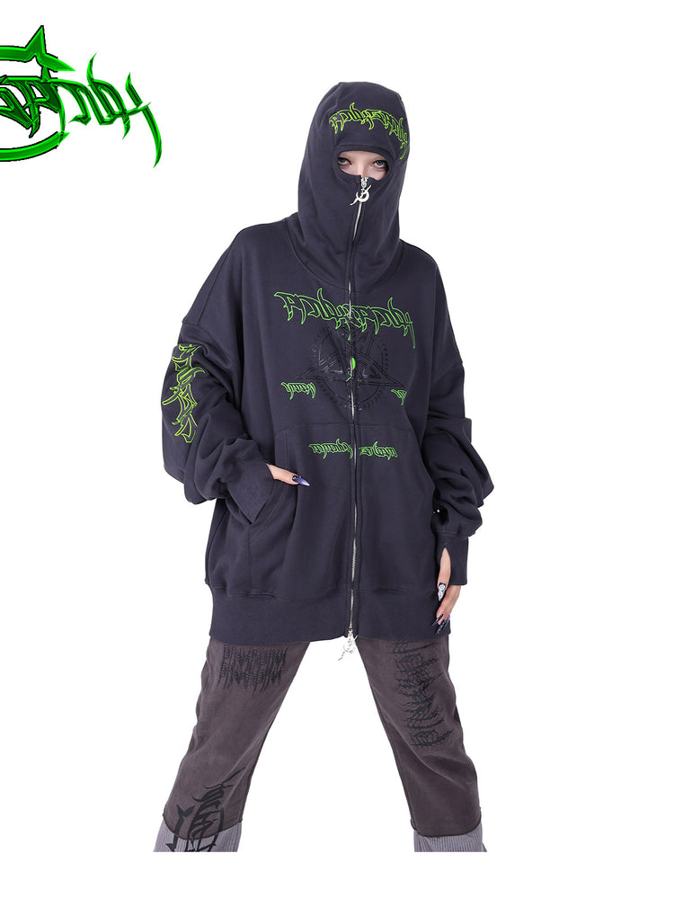 PINKSPINK DNA circle-star balaclava zip hoodie — front modeled close-up showing the kangaroo pockets