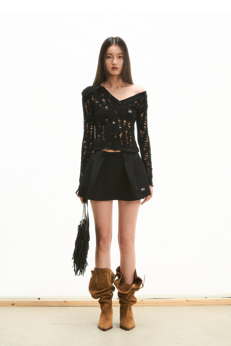 NAWS NOMAD asymmetric cutout knit cardigan — cleaned hero collage showing the complete design