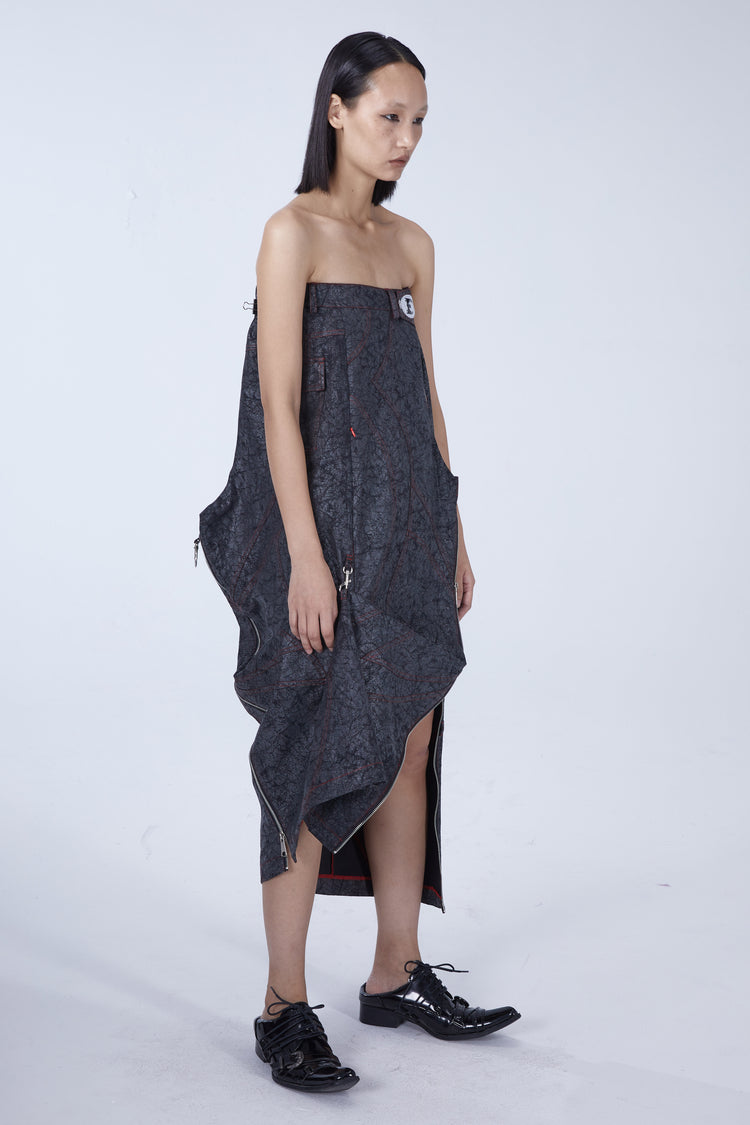 EMBRYO STRUCTURE convertible bustier & wide-leg pants — gray strapless-dress configuration, side view with asymmetric hem