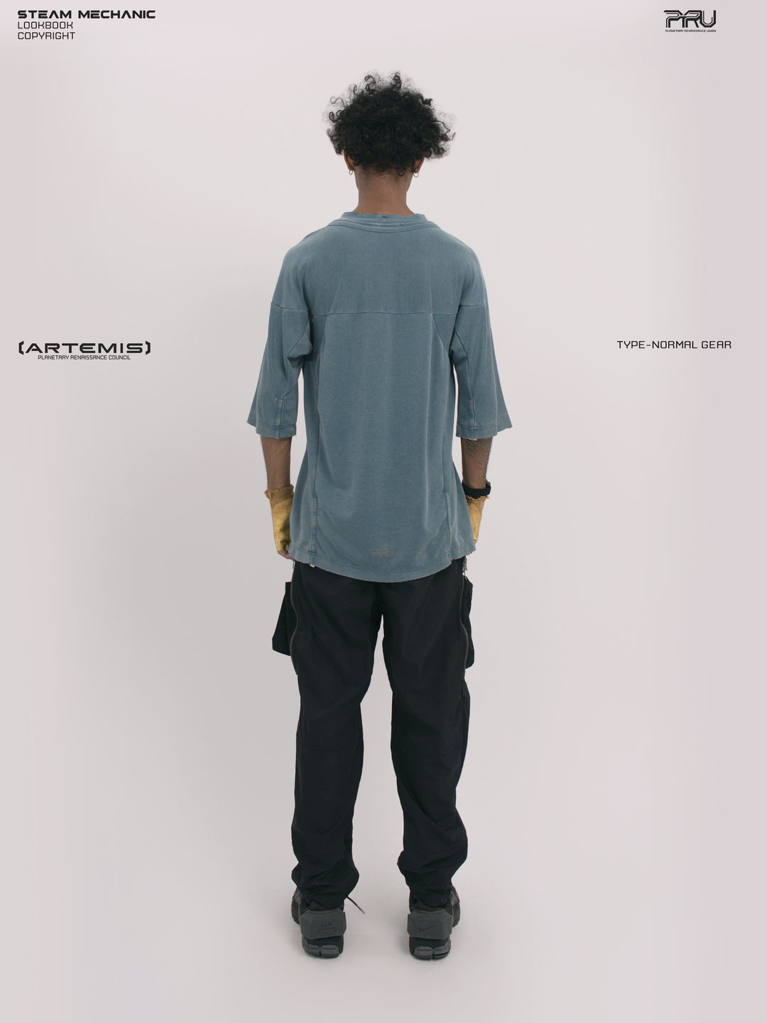 LIGHTSHADOW mycelium blue deconstructed technical tee — full-length straight back view with arms lowered