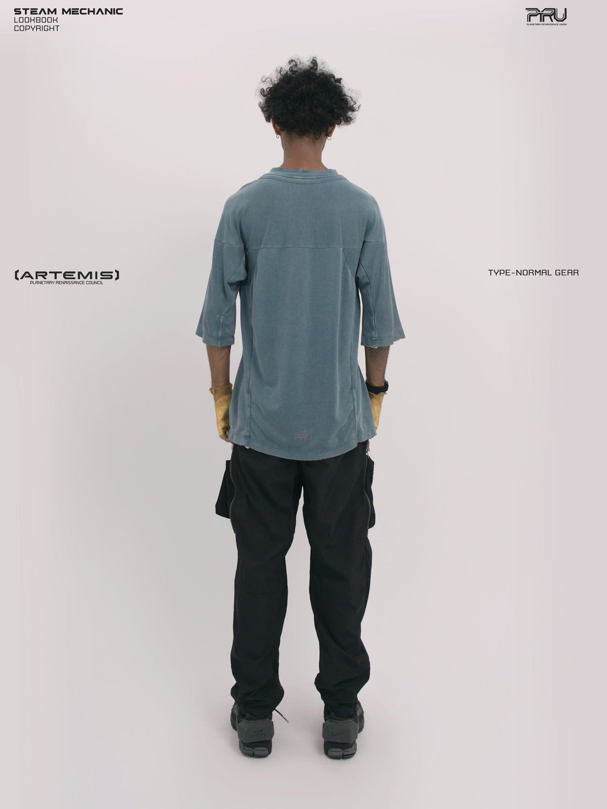 LIGHTSHADOW mycelium blue deconstructed technical tee — full-length straight back view with arms lowered