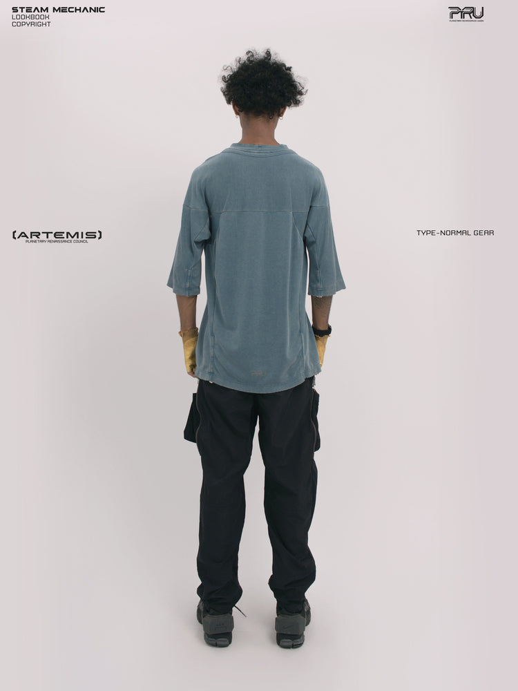 LIGHTSHADOW mycelium blue deconstructed technical tee — full-length straight back view with arms lowered