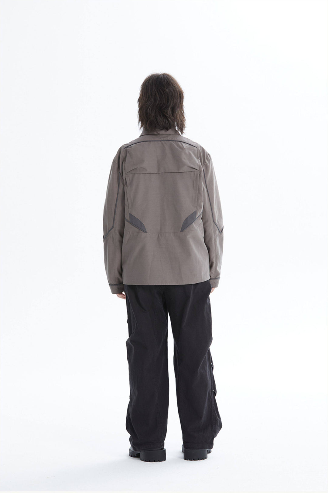 ERRORCODE ROBOT taupe tech work shirt — full-length back modeled silhouette