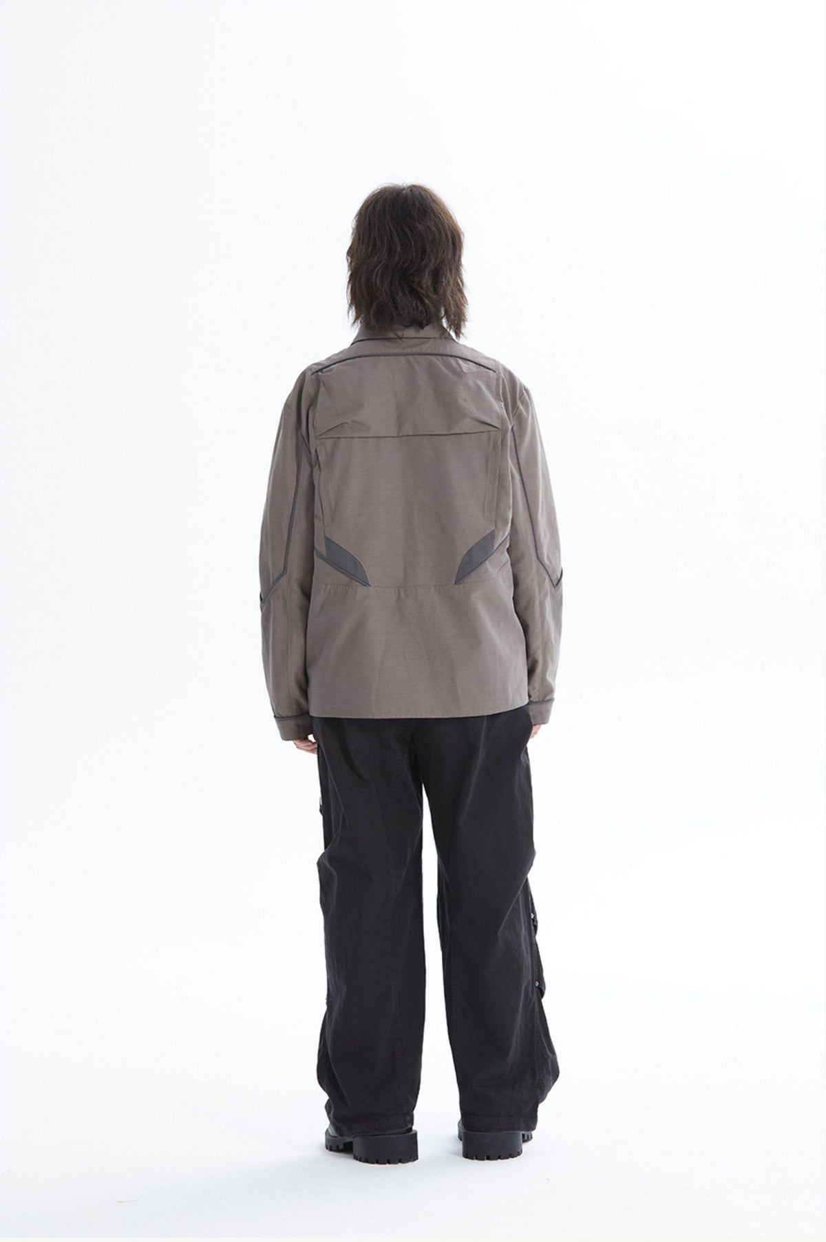 ERRORCODE ROBOT taupe tech work shirt — full-length back modeled silhouette