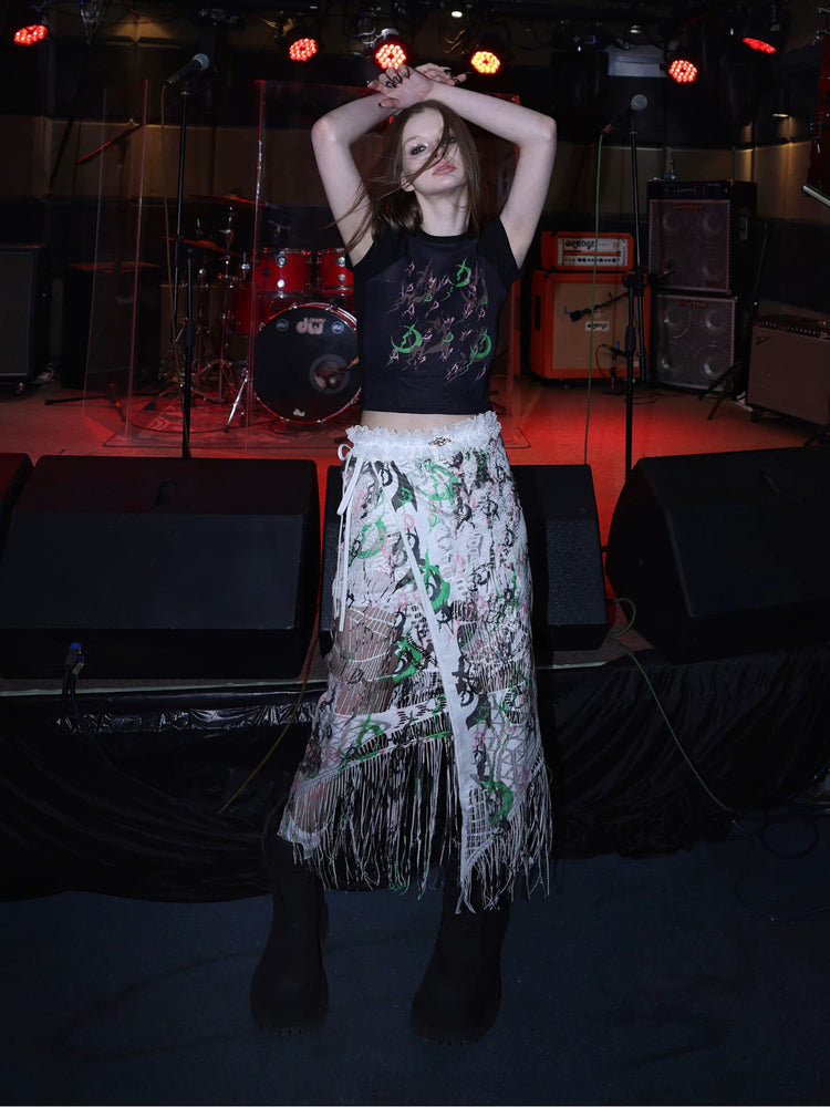 PINKSPINK SHRED SIGNAL printed fringe layering apron — white multicolor — front modeled view showing the sheer fringe layers