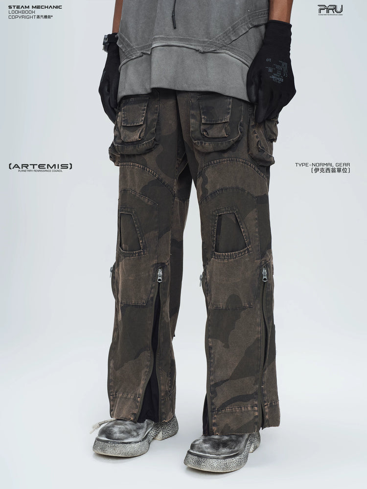 IXION dead leaf brown washed camouflage combat pants — side modeled view