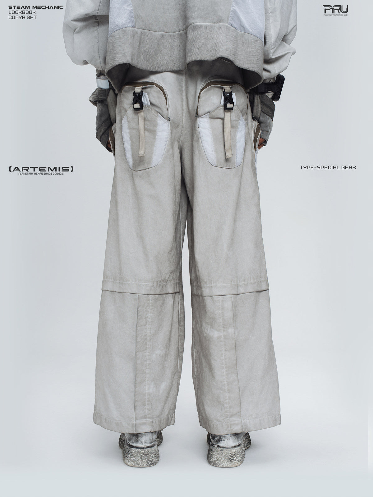 PIONEER eris white welded multi-pocket work pants — rear modeled view