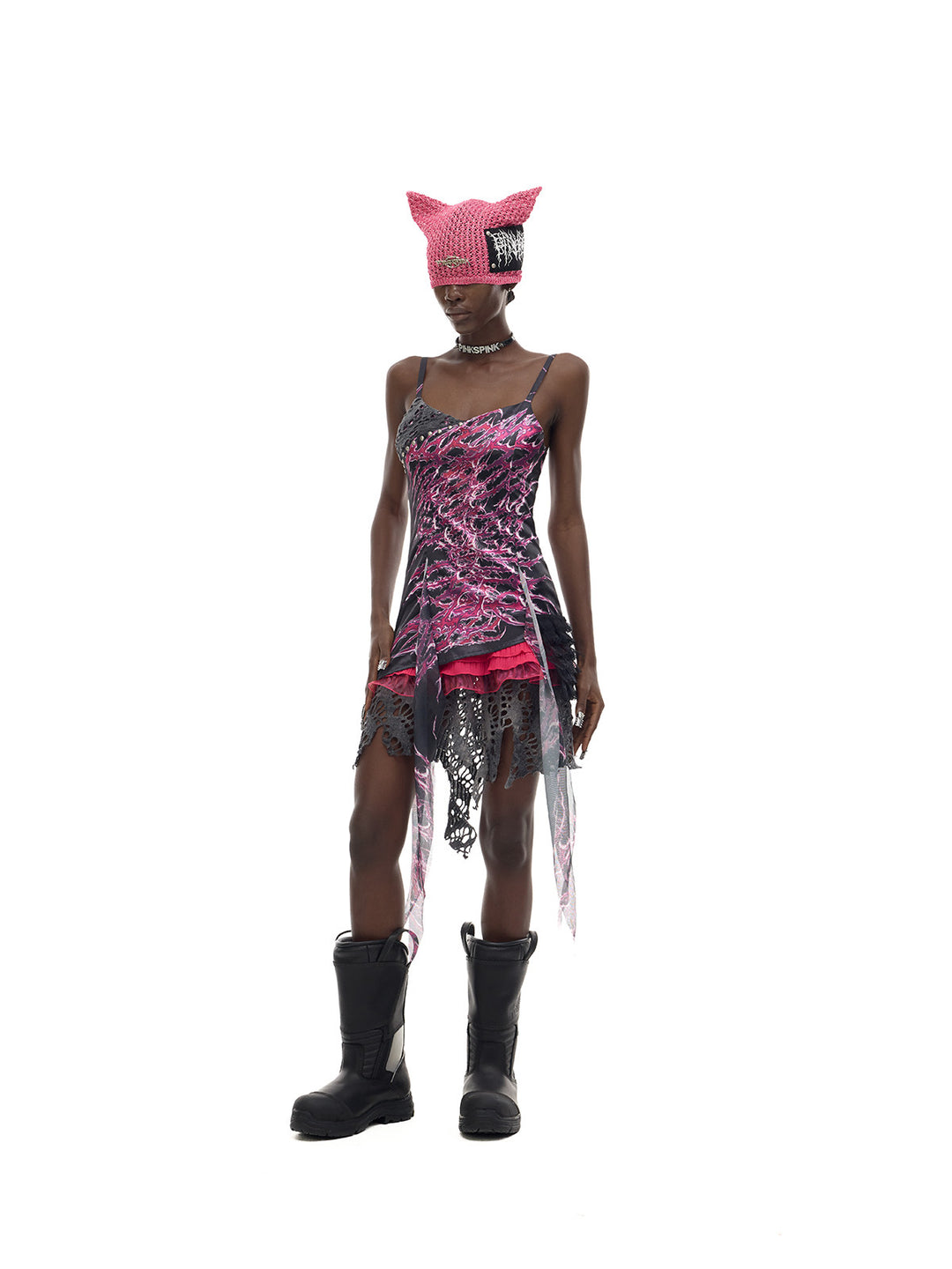PINKSPINK NEON RIFT asymmetrical lace-trim mini dress — front full-length view with chunky black boots