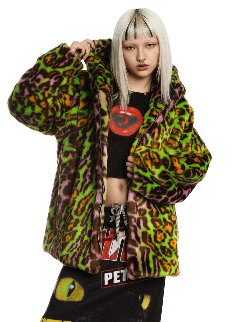 DeadEndKids leopard-print faux-fur hooded jacket in yellow green — front modeled view with a hand at the collar