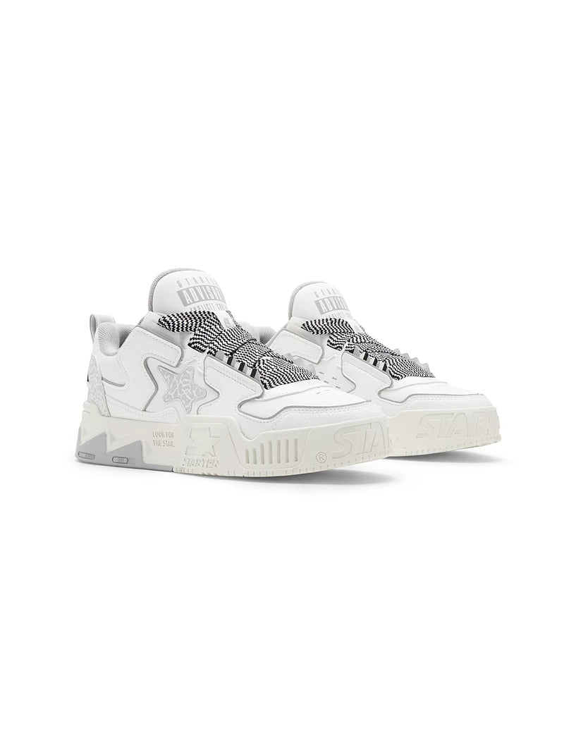 STARTER VOL-II White Gray sneakers in a clean studio pair view, showing broad patterned laces and layered star panels