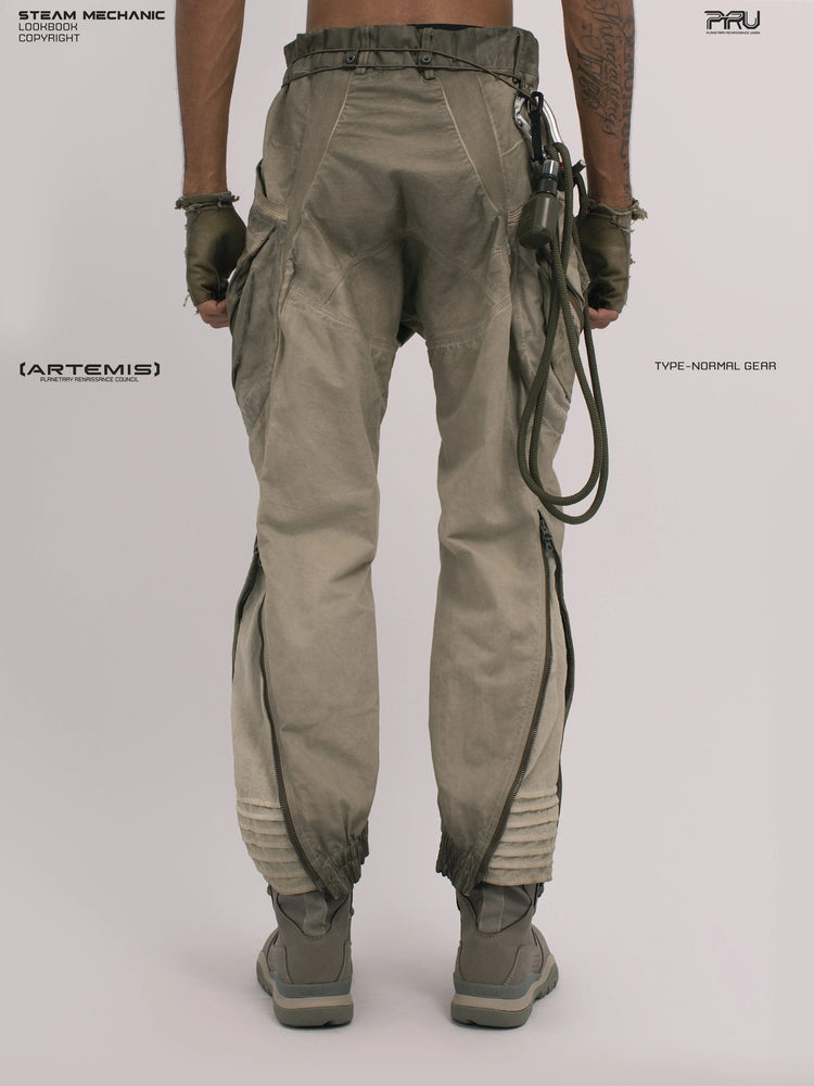 AEGIS lunar soil teal multi-pocket moto pants — rear modeled view with gloved hands hanging down