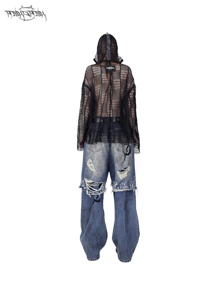 PINKSPINK ELECTRIC MOON spiked open-mesh zip hoodie in black — rear full-length modeled view showing the transparent mesh and hood spine