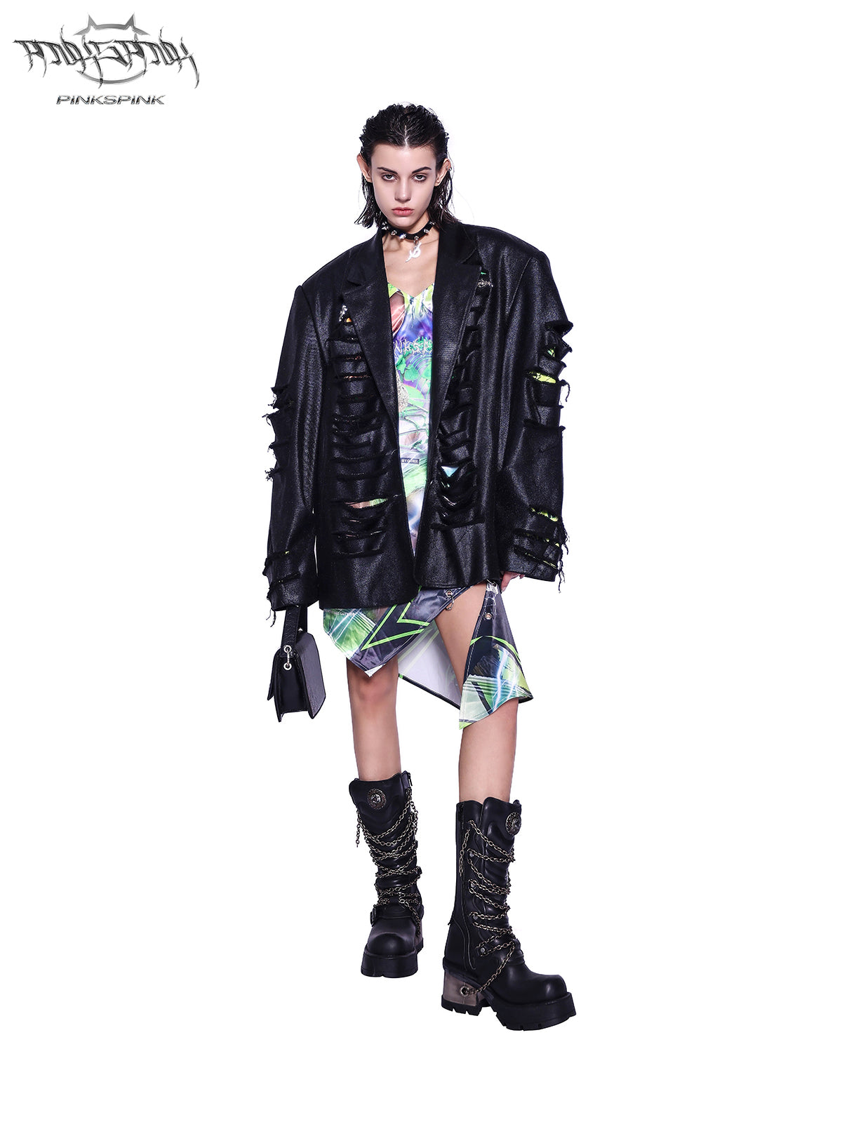 PINKSPINK SPHYNX fluorescent portrait asymmetric dress — full-length styling view with a separate black jacket