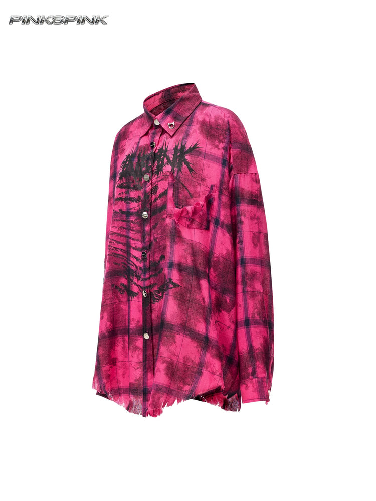 PINKSPINK ELECTRIC MOON distressed oversized plaid shirt in pink and black plaid — angled garment-only view of collar hardware and distressed pocket