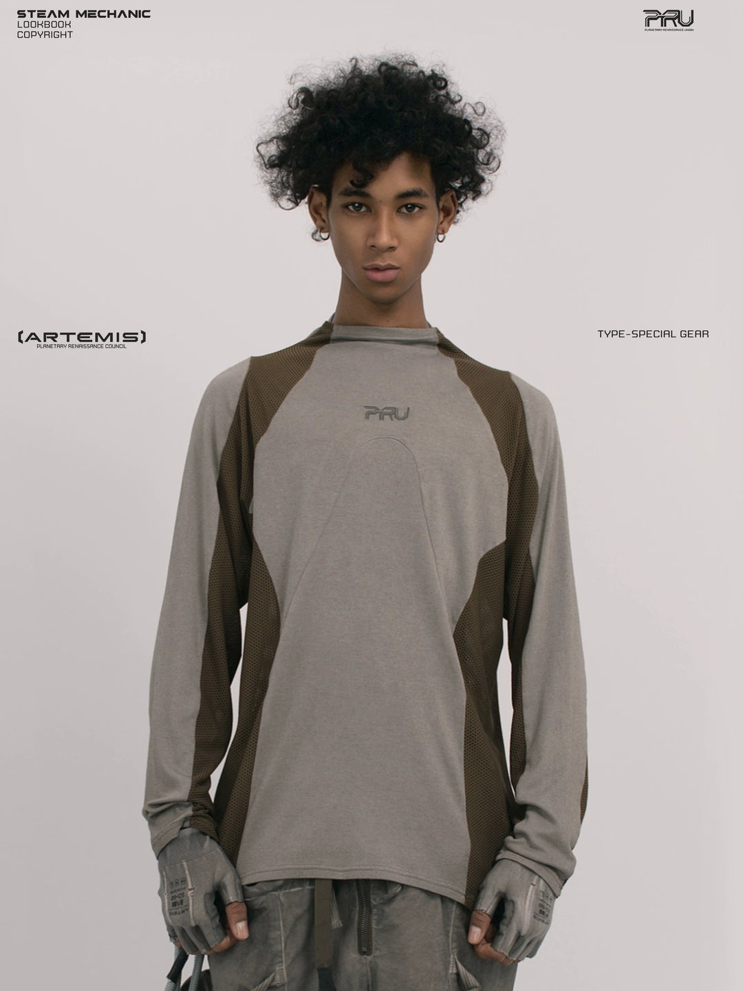 STARCORE ash tundra mesh-panel long-sleeve top b — front modeled close-up showing contrasting raglan panels