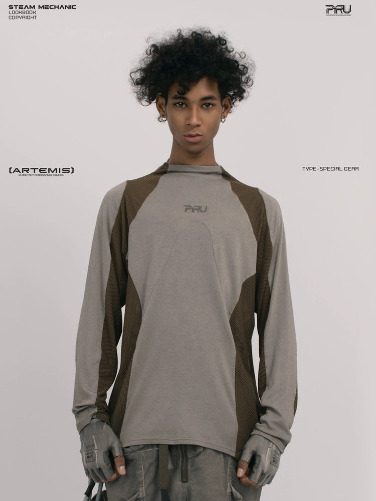 STARCORE ash tundra mesh-panel long-sleeve top b — front modeled close-up showing contrasting raglan panels
