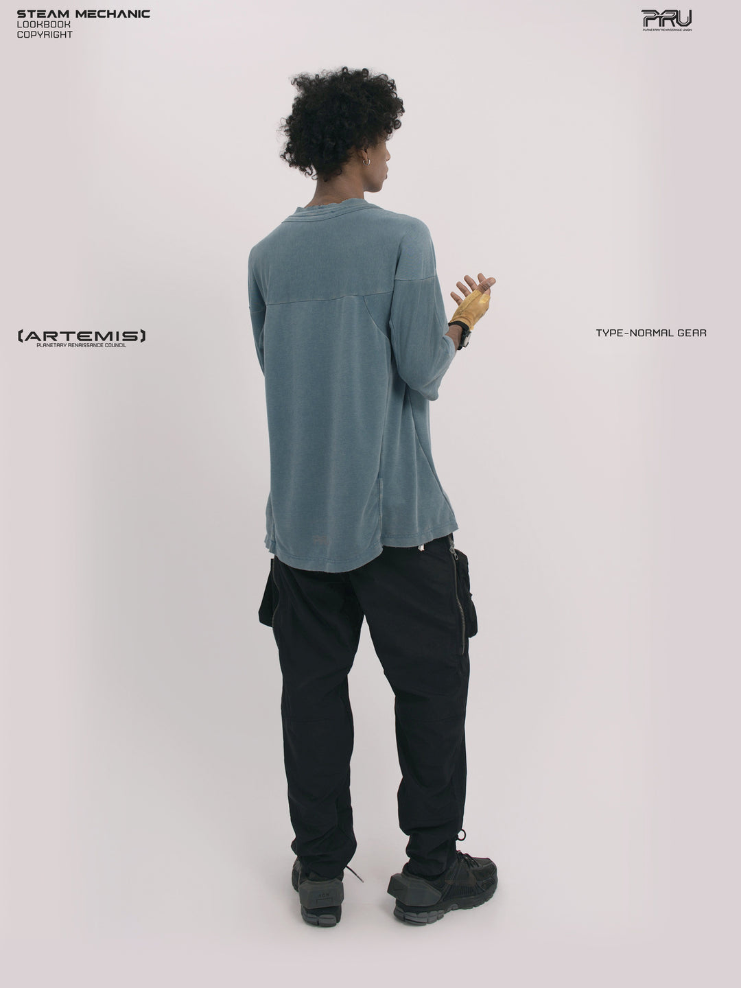 LIGHTSHADOW mycelium blue deconstructed technical tee — full-length rear three-quarter view showing the shoulder panels
