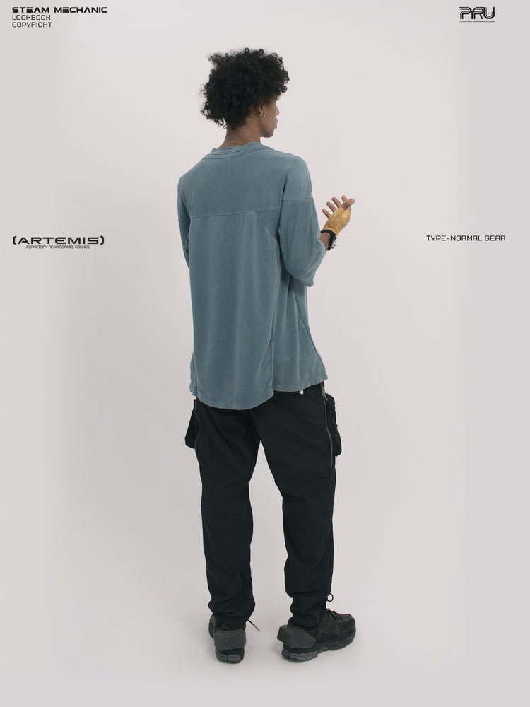 LIGHTSHADOW mycelium blue deconstructed technical tee — full-length rear three-quarter view showing the shoulder panels