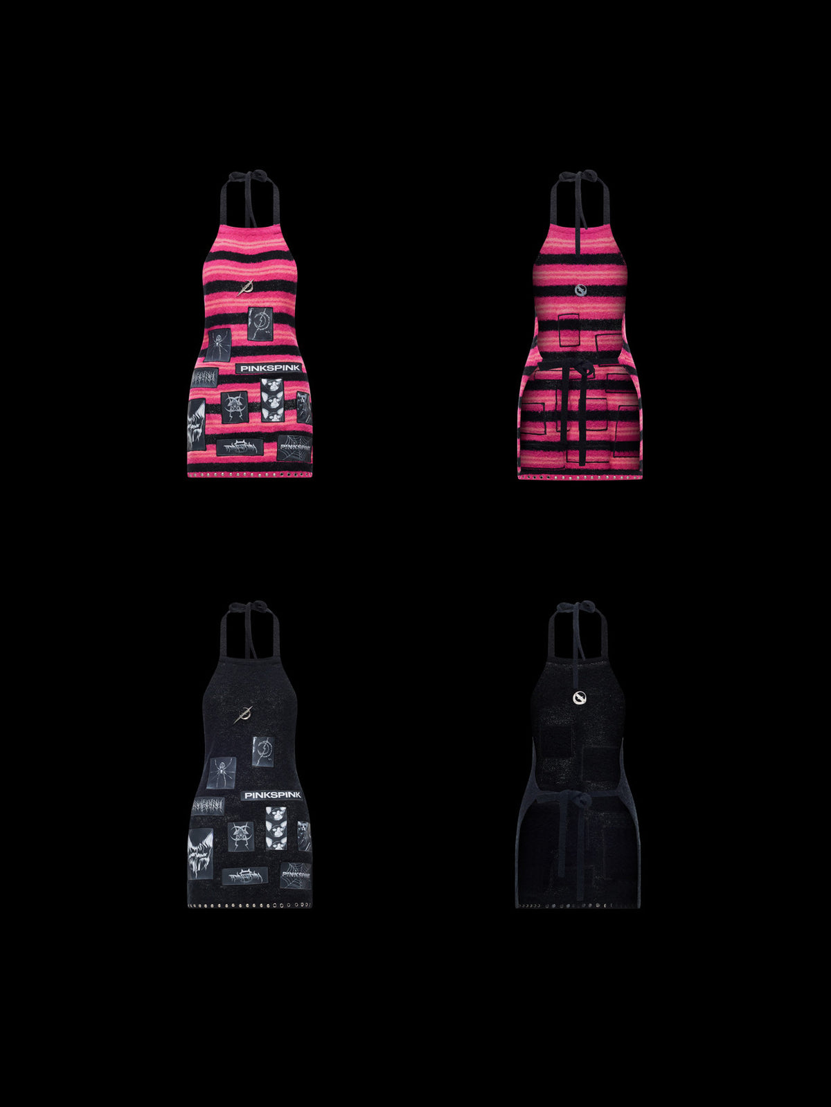PINKSPINK ELECTRIC MOON patchwork knit layering apron — pink black stripe and black front and back garment-only views