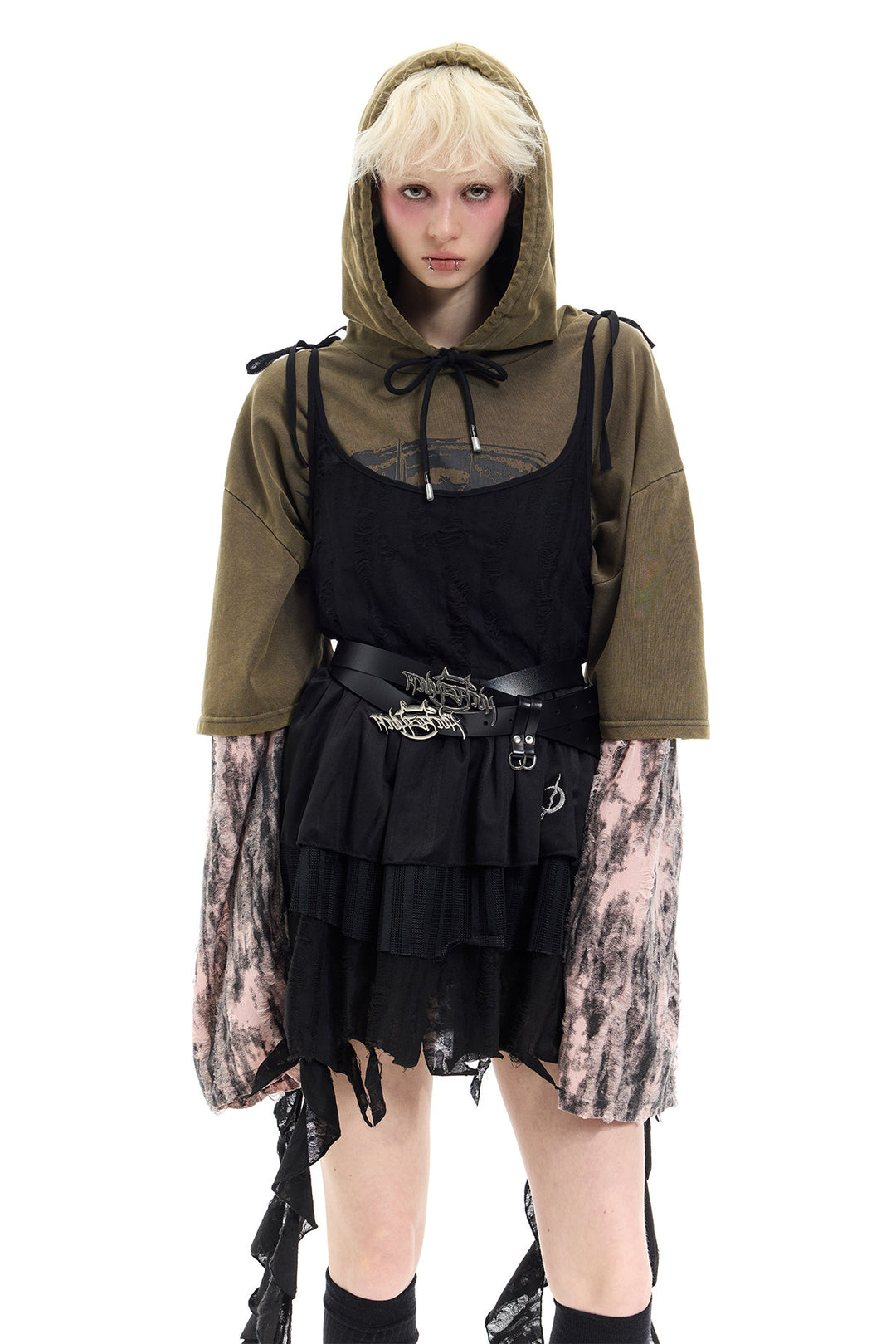 PINKSPINK ELECTRIC MOON two-way layered lace mini dress — black dress over olive hooded tee — three-quarter modeled view