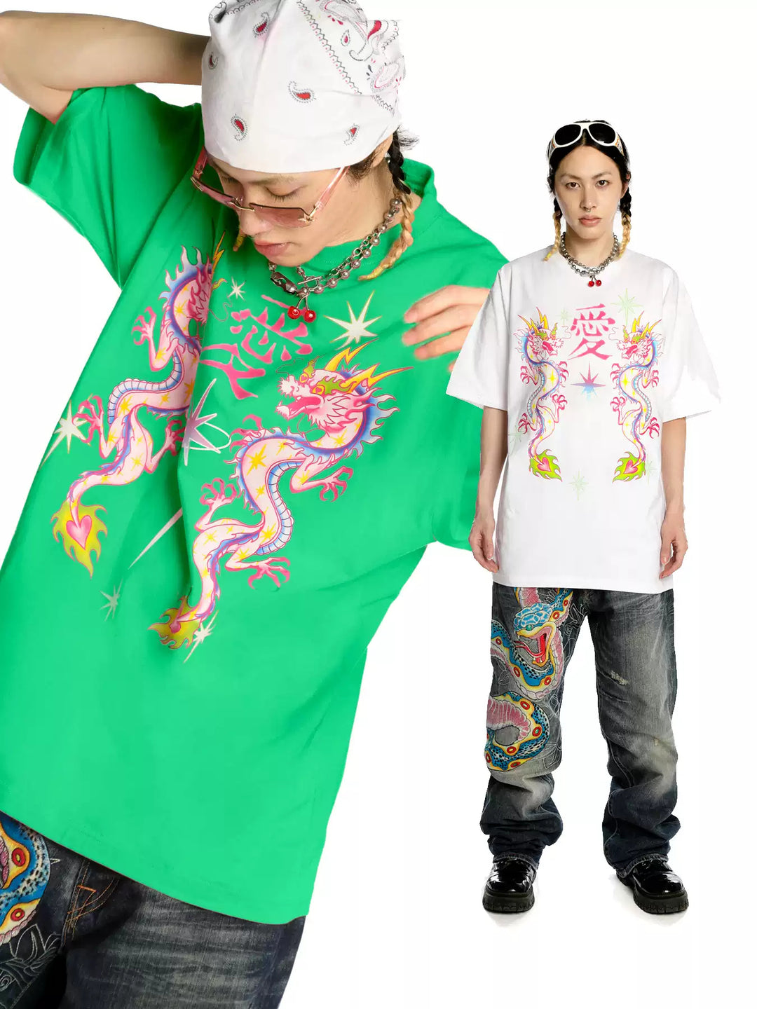 DEADENDKIDS DRAGON LOVE oversized graphic tee — side or detail presentation