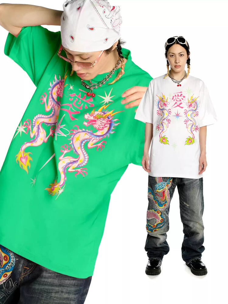 DEADENDKIDS DRAGON LOVE oversized graphic tee — side or detail presentation