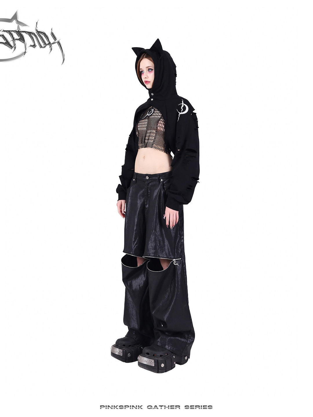 PINKSPINK GEOMETRY open-mesh crop tee in black — side styling view with a separate cat-ear hood