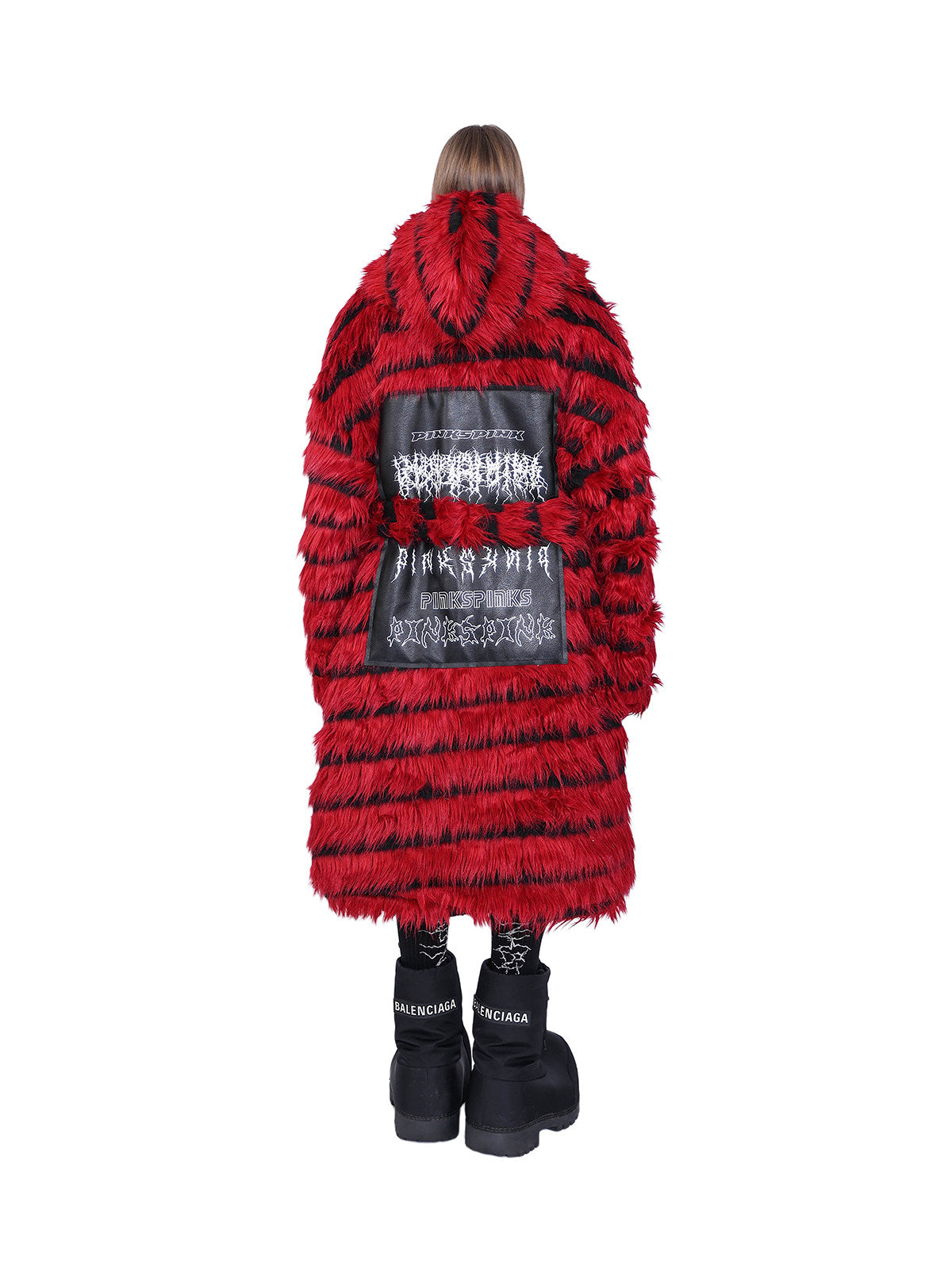 PINKSPINK ELECTRIC MOON black-red faux-fur hooded long coat — red and black full-length rear modeled view with the hood down