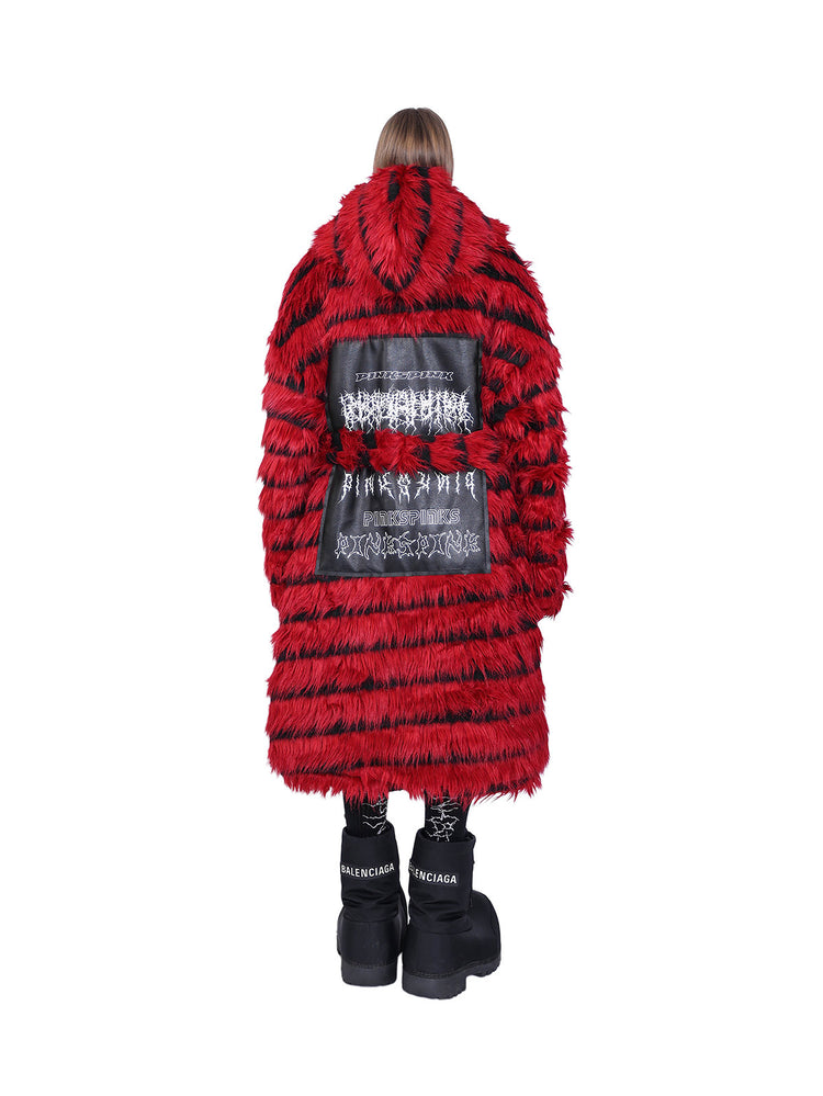 PINKSPINK ELECTRIC MOON black-red faux-fur hooded long coat — red and black full-length rear modeled view with the hood down