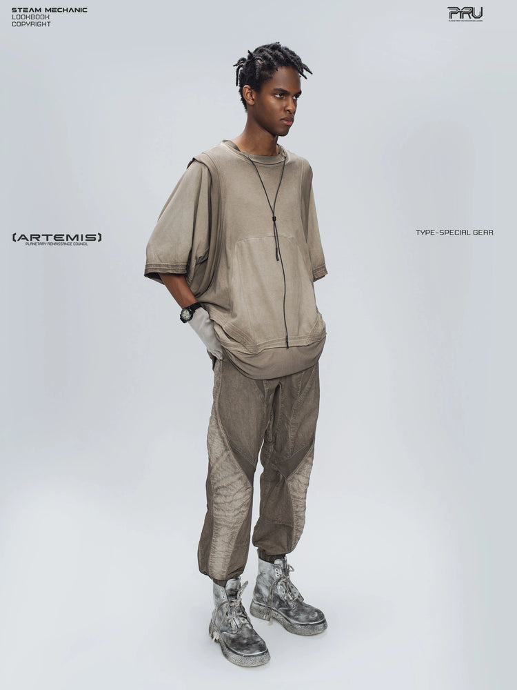 SUPERNOVA mercury brown convertible drawstring technical tee — full-length three-quarter modeled view