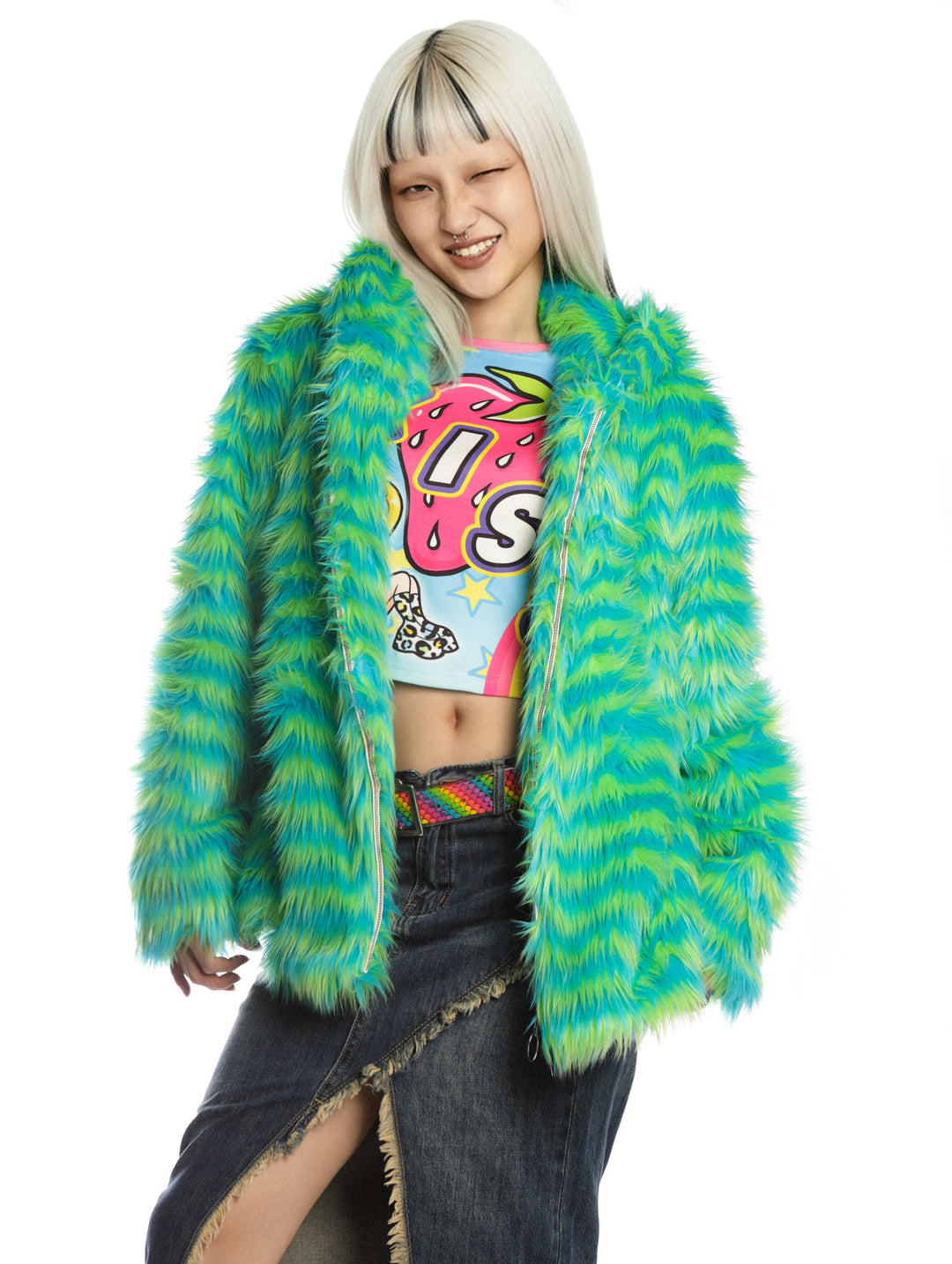DEADENDKIDS RAVE STRIPE faux-fur hooded jacket — front product presentation