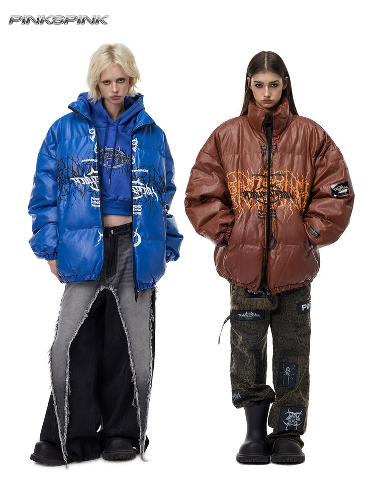 PINKSPINK MOTORBLOC padded faux-leather jacket — blue and caramel brown modeled comparison