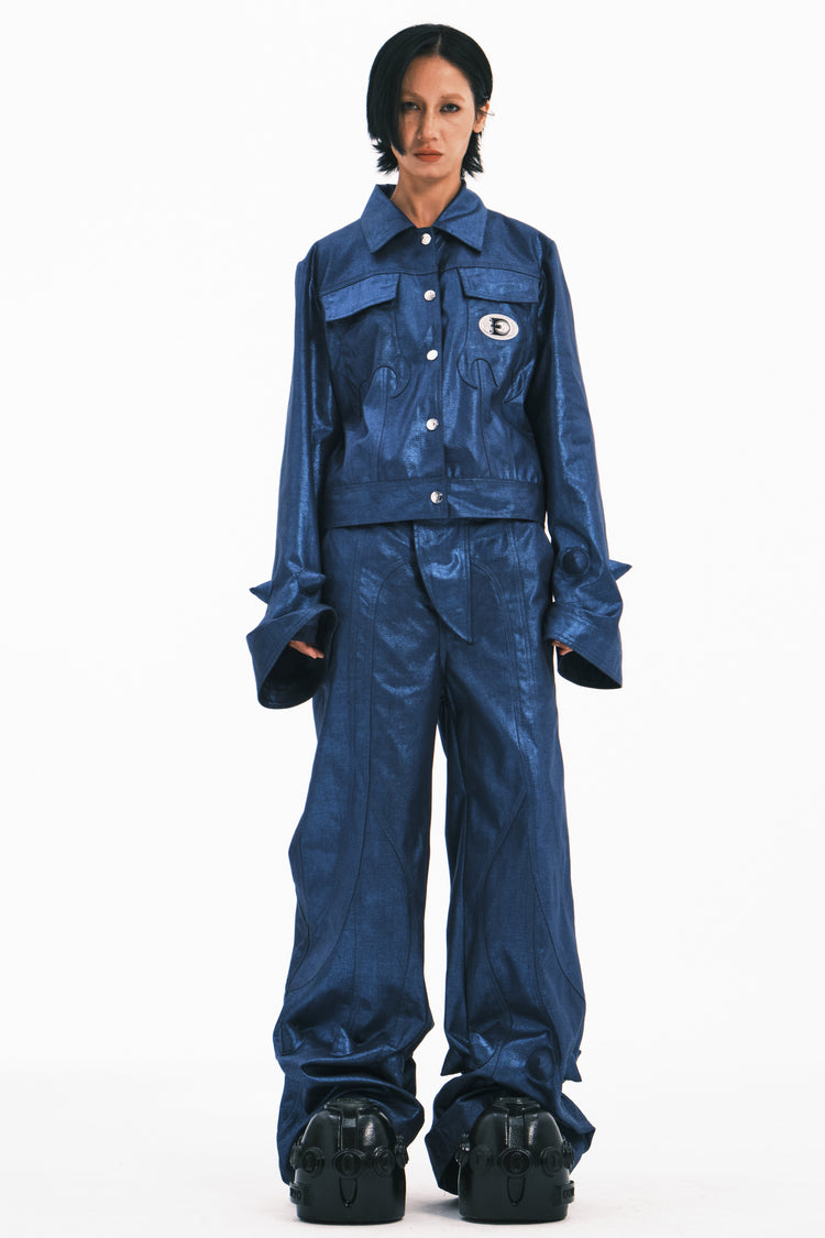 EMBRYO BLUE SPIKE metallic bell-sleeve jacket — blue full-length front modeled view with jacket buttoned and arms down