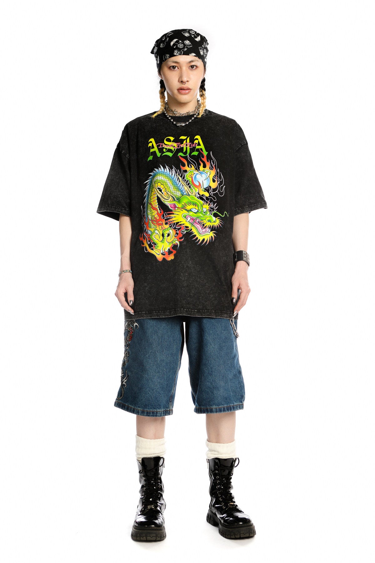 DEADENDKIDS ASIA DRAGON washed graphic tee — material and print detail