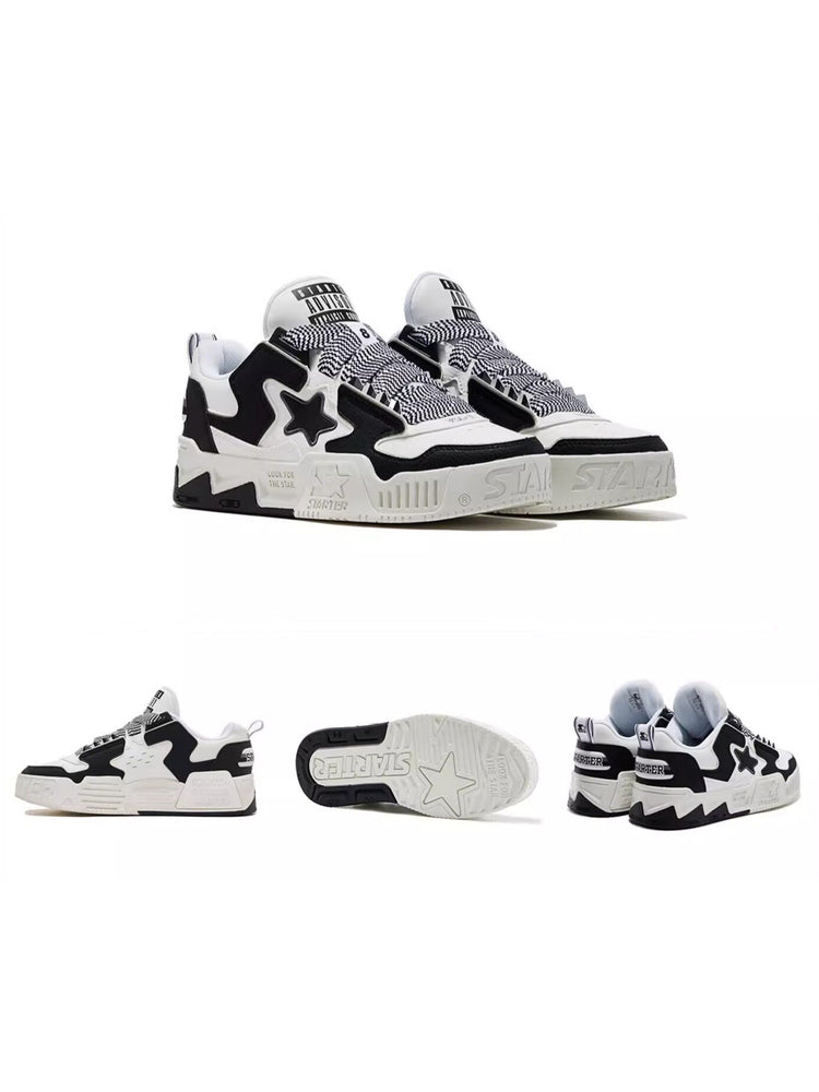 STARTER VOL 90S Panda Black sneakers, studio pair with side, outsole and heel views