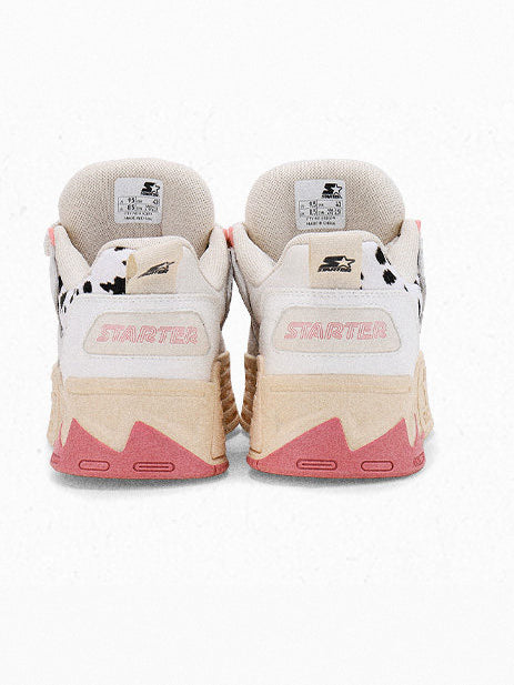 STARTER ZOO Cow Pink sneaker rear view with heel pull tabs, pink STARTER lettering and pink platform inserts