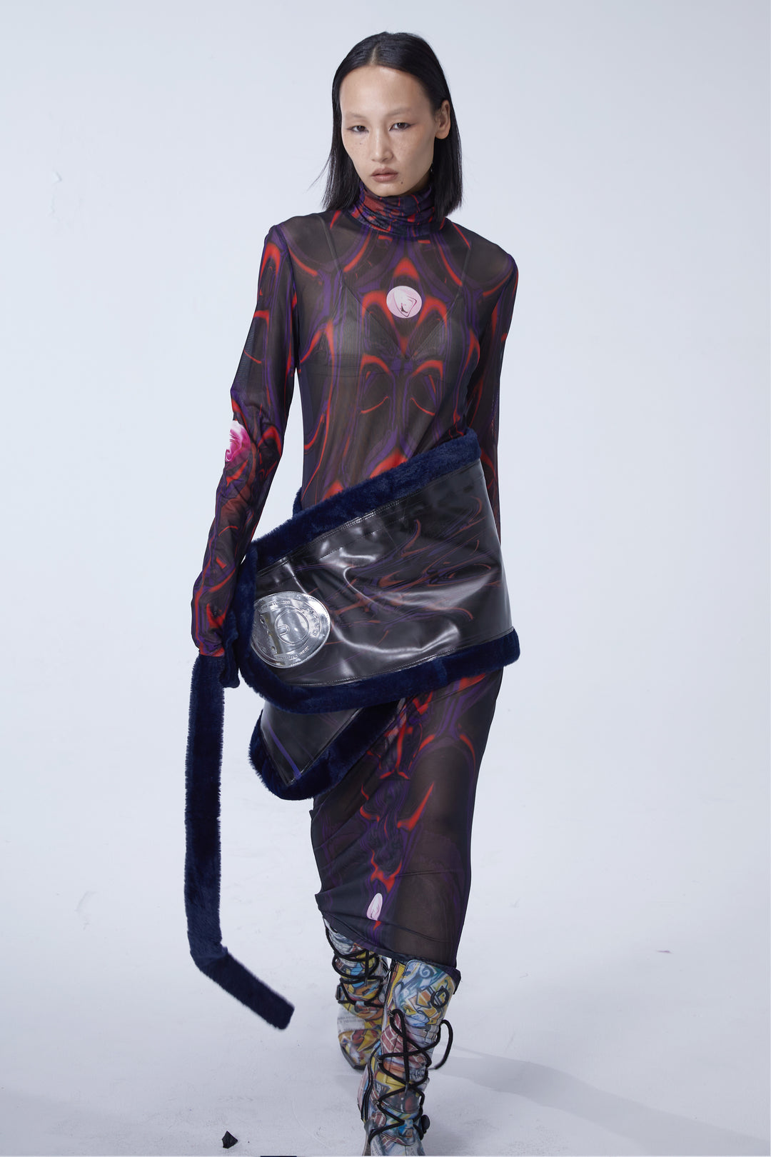 EMBRYO BODY TOTEM mesh maxi dress — full-length modeled view