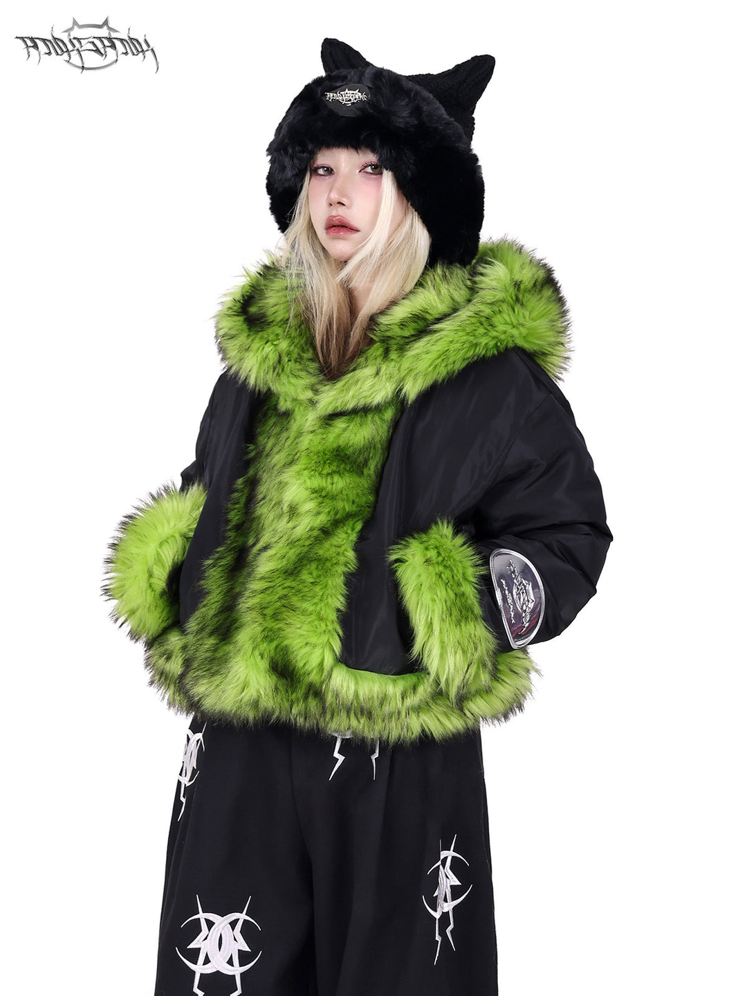 PINKSPINK NEON BEAST reversible faux-fur hooded jacket — modeled front styling view