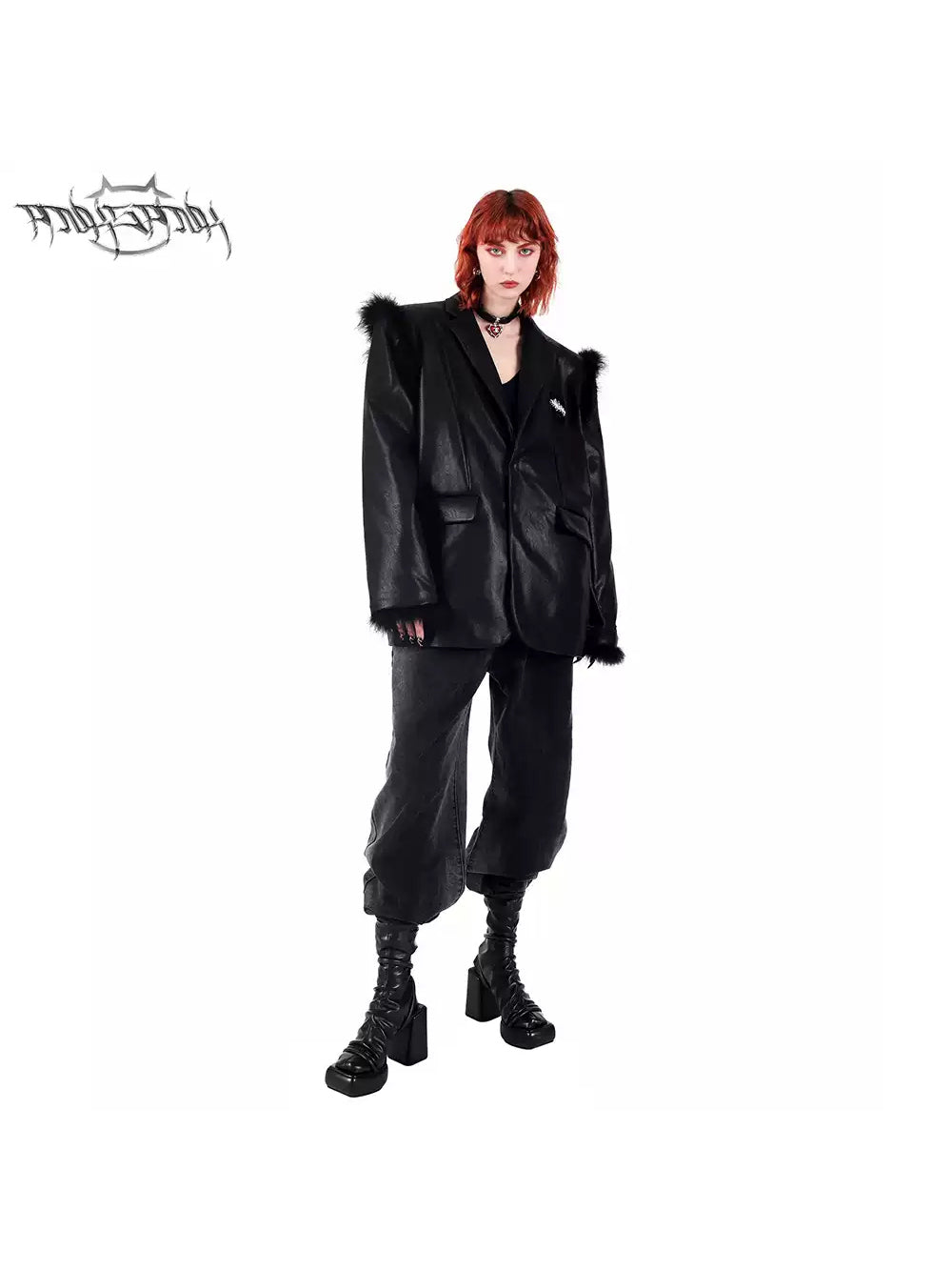 PINKSPINK OSTRICH plume-trim padded-shoulder blazer — close modeled view highlighting the construction
