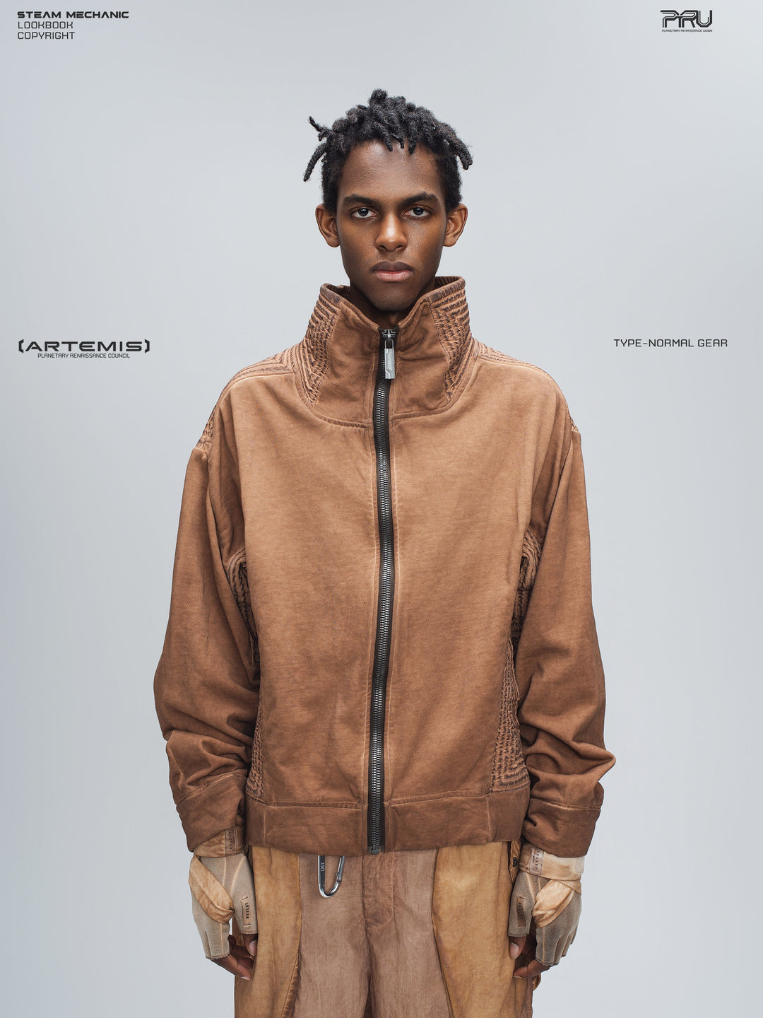 PIONEER venus orange distressed protection zip jacket — front modeled product view