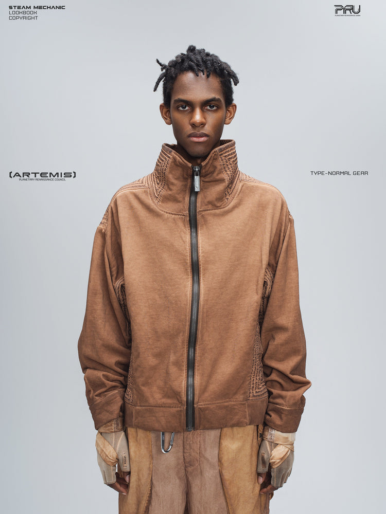 PIONEER venus orange distressed protection zip jacket — front modeled product view