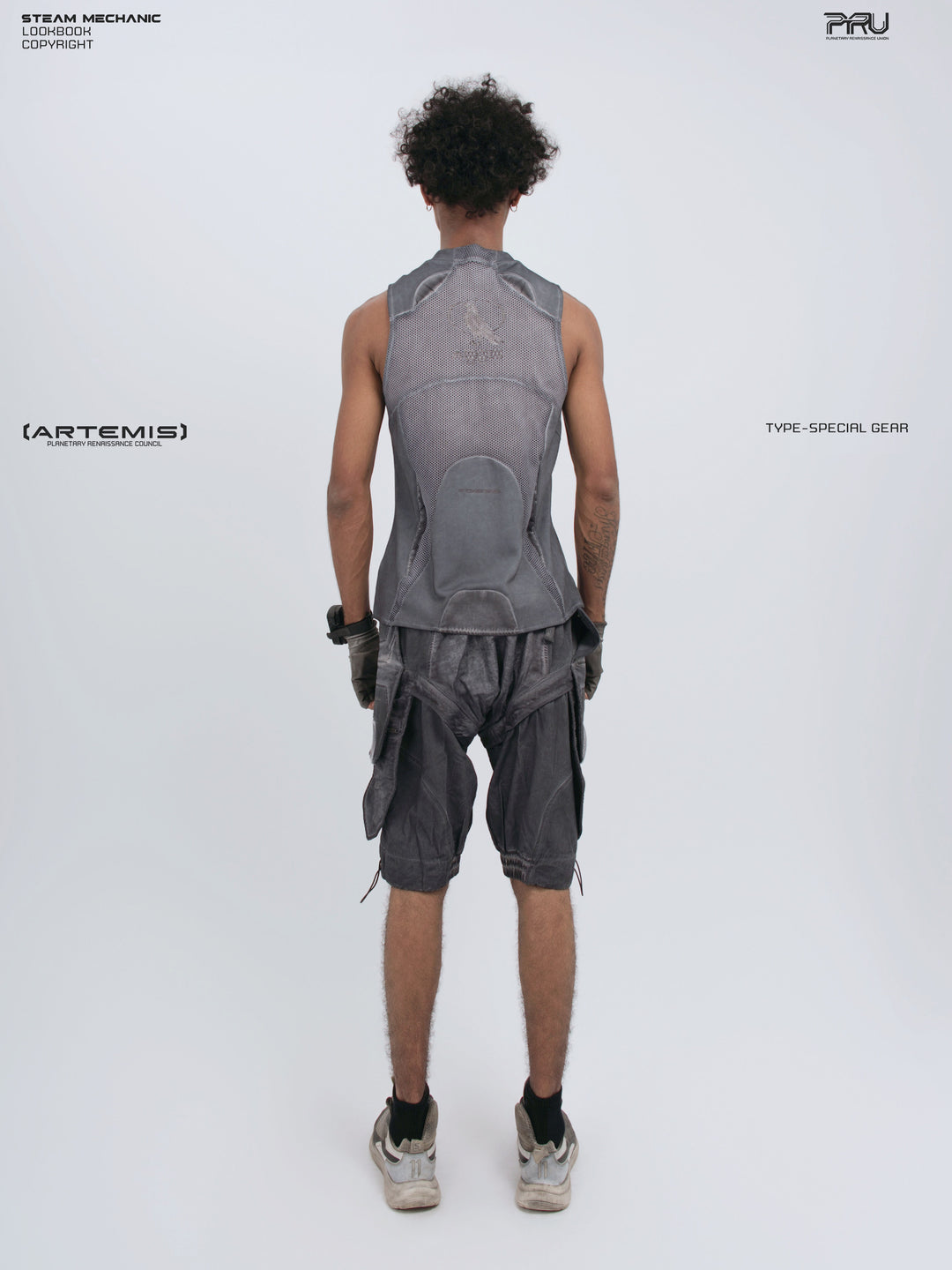 AEGIS stellar blue distressed mesh tank top — straight back full-length modeled view showing the shaped rear panel