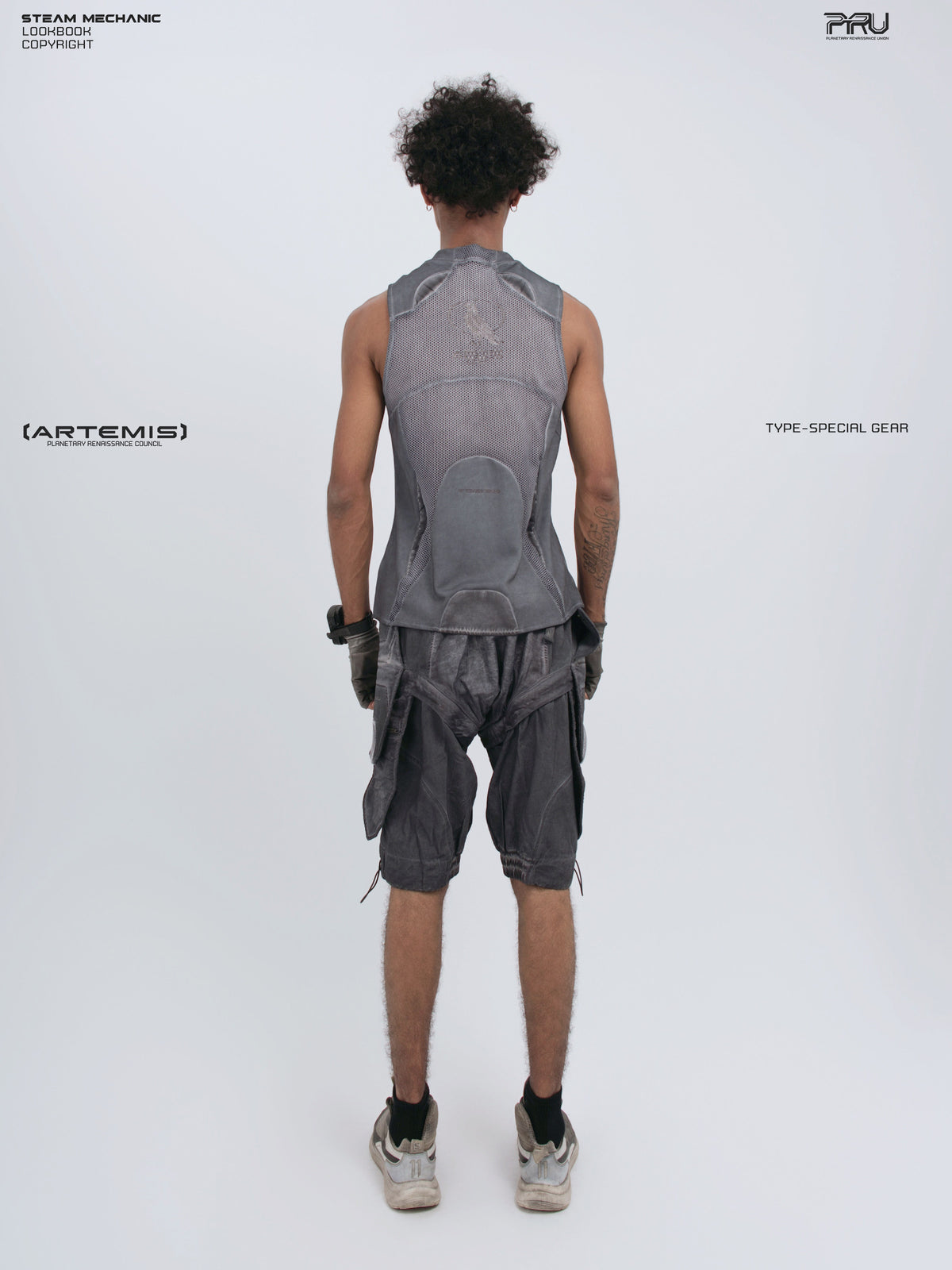 AEGIS stellar blue distressed mesh tank — straight back full-length modeled view showing the shaped rear panel