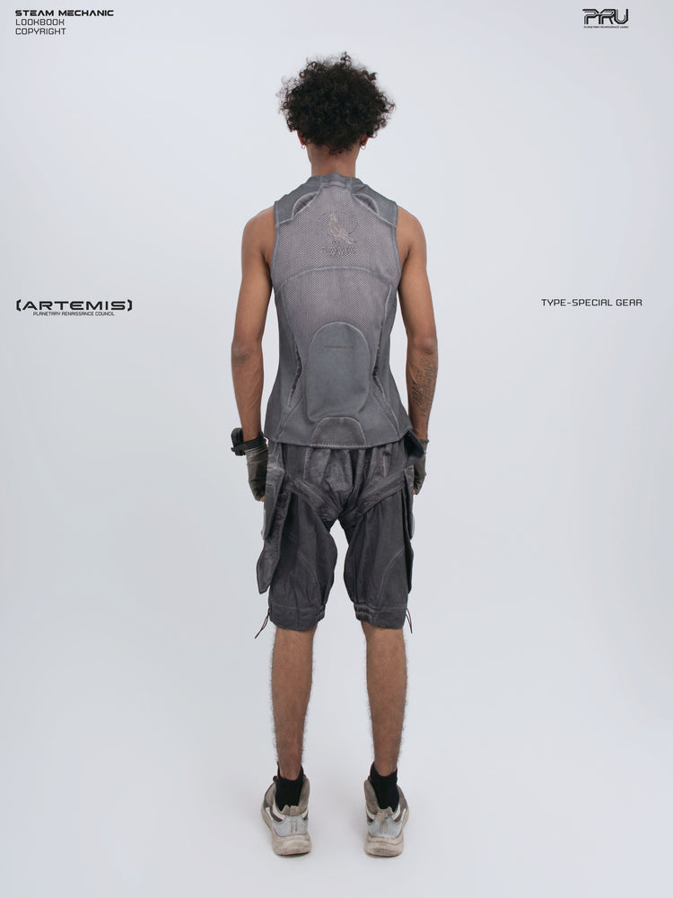 AEGIS stellar blue distressed mesh tank top — straight back full-length modeled view showing the shaped rear panel